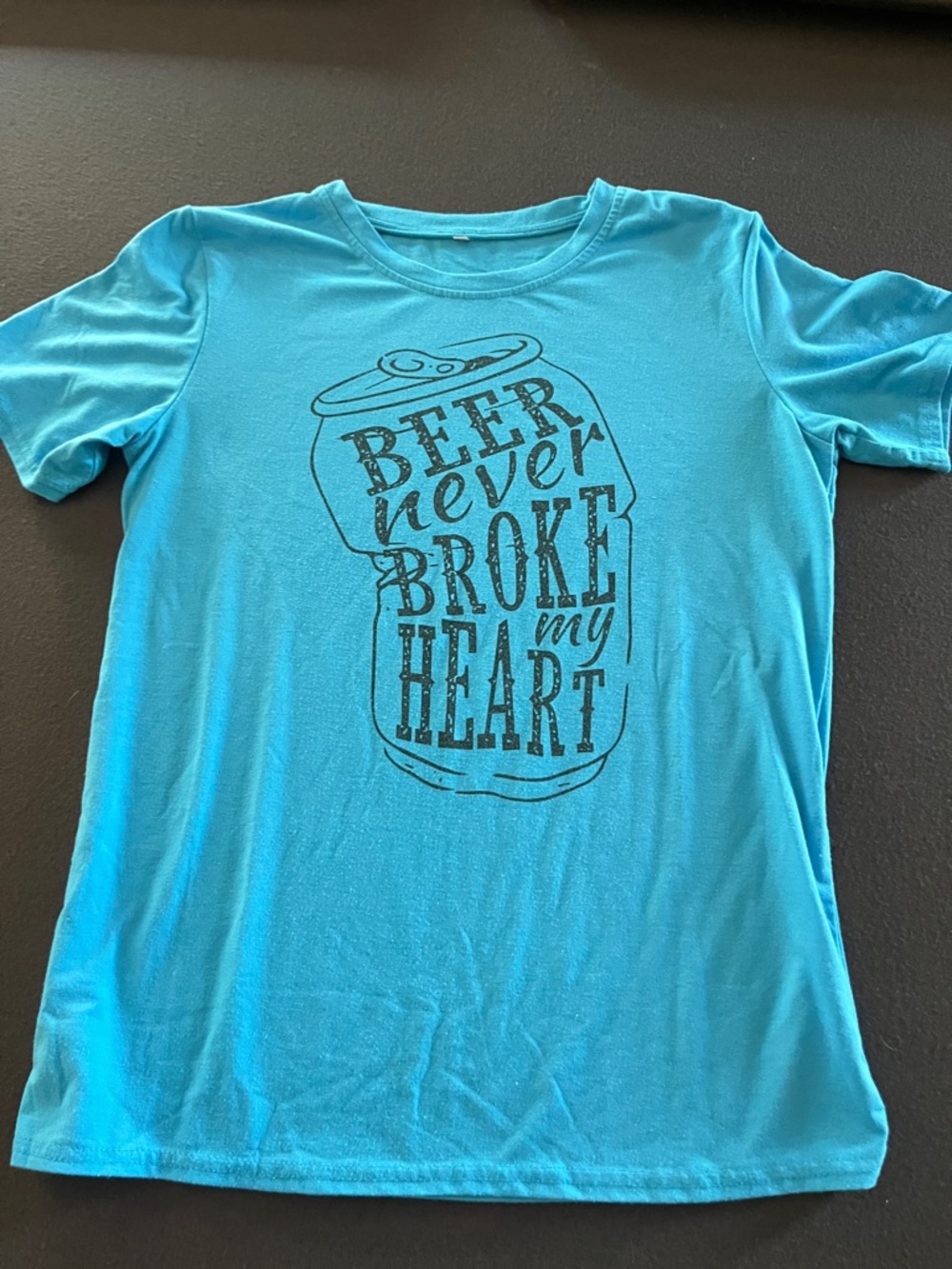 Turquoise Graphic Tee with 'Beer Never Broke My Heart' Print